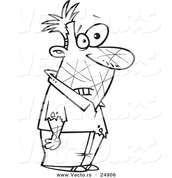 Vector of a Cartoon Male Cat Owner Covered in Scratches - Outlined Coloring Page