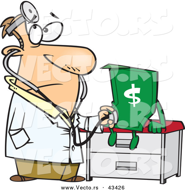 Vector of a Cartoon Male Doctor Diagnosing Sick American Dollar Bill