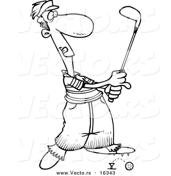 Vector of a Cartoon Male Golfer Barely Knocking the Ball off the Tee - Outlined Coloring Page Drawing
