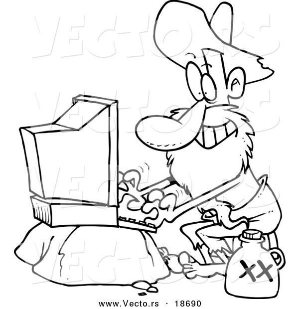 Vector of a Cartoon Male Hillbilly Using a Computer - Outlined Coloring Page