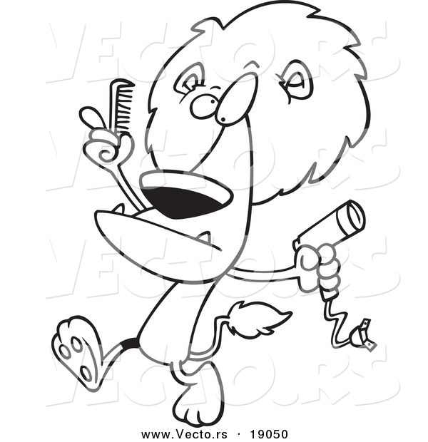 Vector of a Cartoon Male Lion Using a Comb and Blow Dryer on His Mane - Outlined Coloring Page