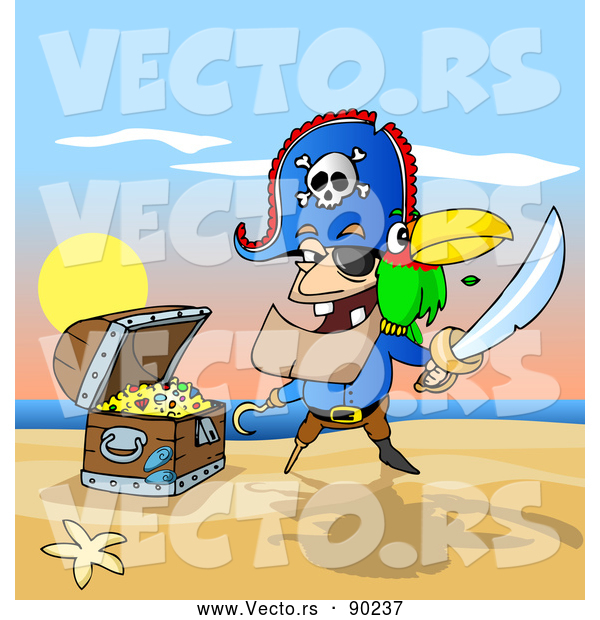 Vector of a Cartoon Male Pirate Standing Beside Treasure Chest on a Beach Scene