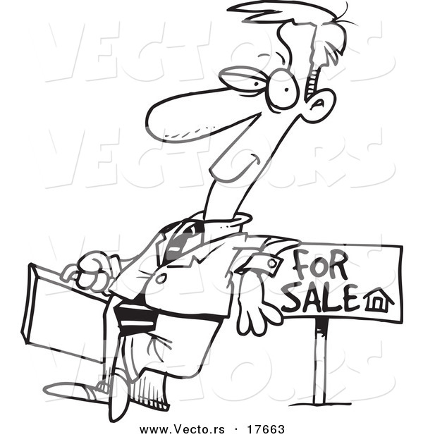 Vector of a Cartoon Male Realtor Leaning on a Sale Sign - Coloring Page Outline