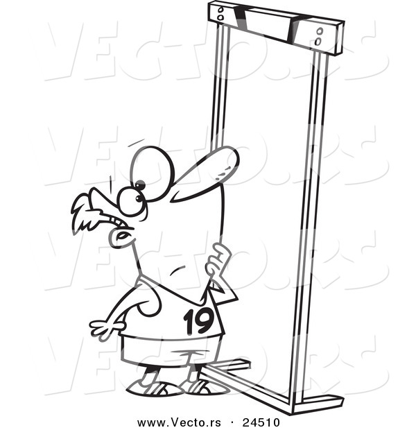 Vector of a Cartoon Male Runner Looking up at a High Hurdle - Outlined Coloring Page