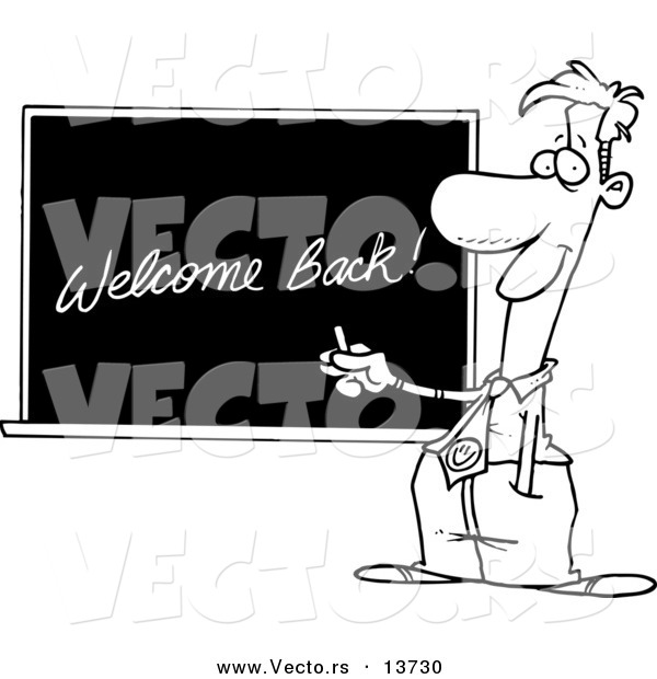Vector of a Cartoon Male School Teacher Writing Welcome Back on a Chalk Board - Coloring Page Outline