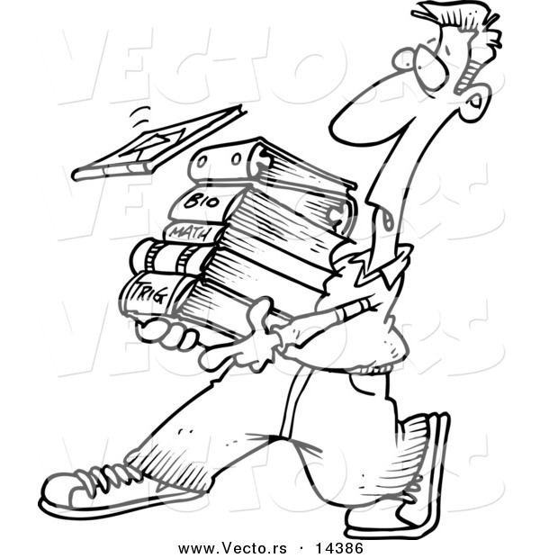 Vector of a Cartoon Male Student Carrying Text Books - Coloring Page Outline