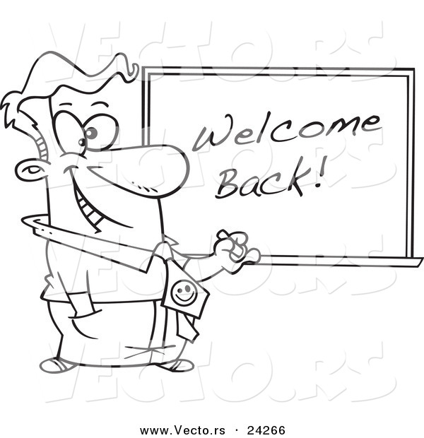 Vector of a Cartoon Male Teacher Writing Welcome Back on a Board - Outlined Coloring Page