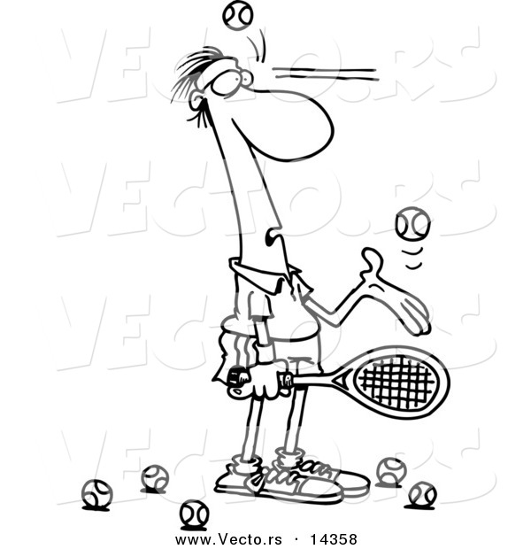 Vector of a Cartoon Male Tennis Player Being Hit in the Face with Ball After Ball - Coloring Page Outline