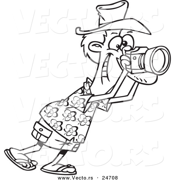 Vector of a Cartoon Male Tourist Snapping Photographs - Outlined Coloring Page