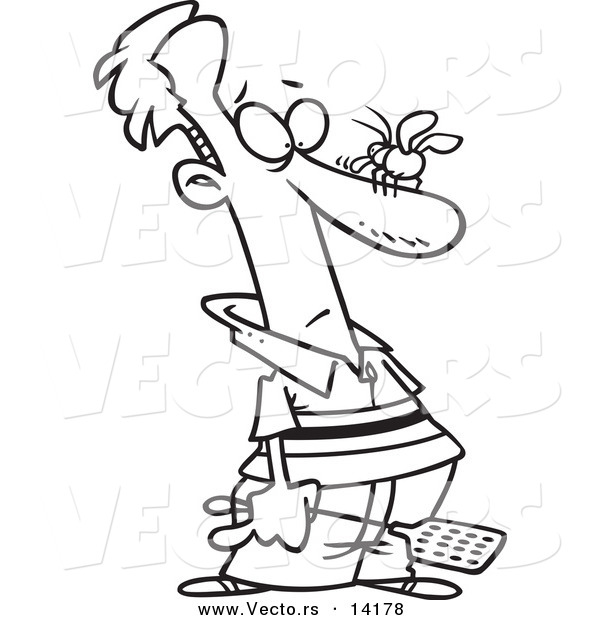 Vector of a Cartoon Man About to Whack a Fly on His Nose - Coloring Page Outline