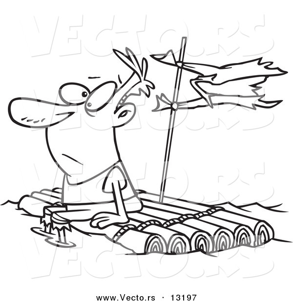 Vector of a Cartoon Man Adrift on a Log Raft - Coloring Page Outline