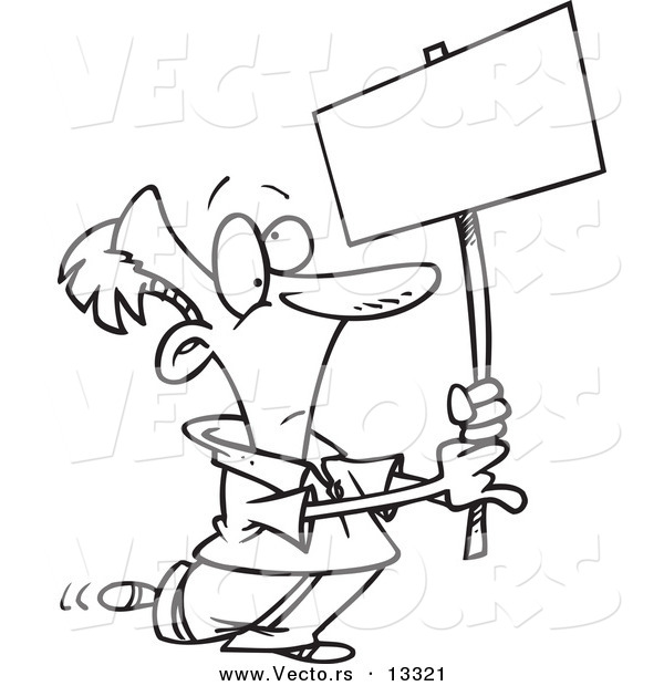 Vector of a Cartoon Man Advertising with a Blank Sign - Coloring Page Outline