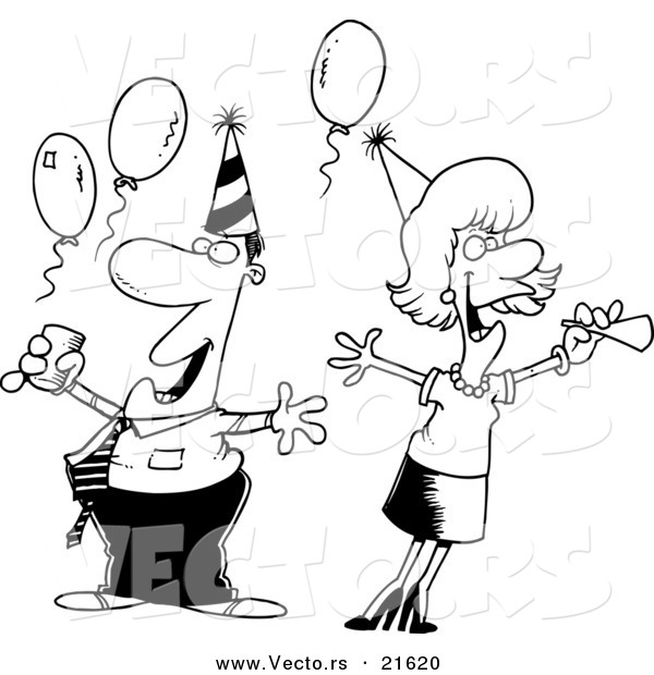 Vector of a Cartoon Man and Woman at an Office Party - Outlined Coloring Page