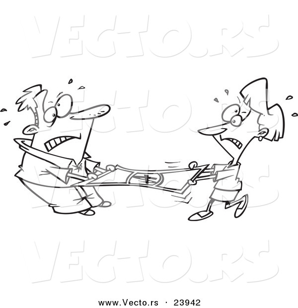 Vector of a Cartoon Man and Woman Stretching a Dollar - Coloring Page Outline