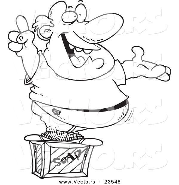 Vector of a Cartoon Man Announcing on a Soap Box - Coloring Page Outline