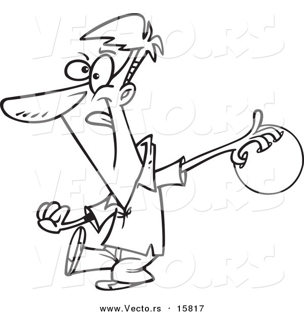 Vector of a Cartoon Man Approaching a Bowling Lane - Outlined Coloring Page Drawing