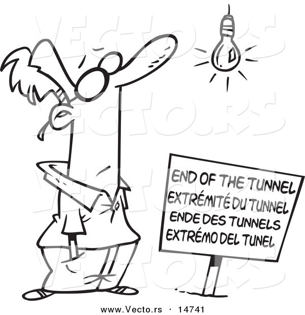 Vector of a Cartoon Man at an End of the Tunnel Sign - Coloring Page Outline