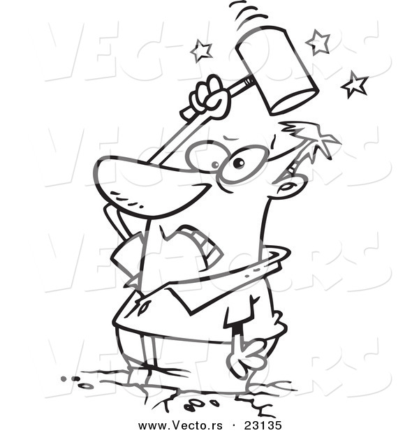 Vector of a Cartoon Man Beating Himself with a Hammer - Coloring Page Outline