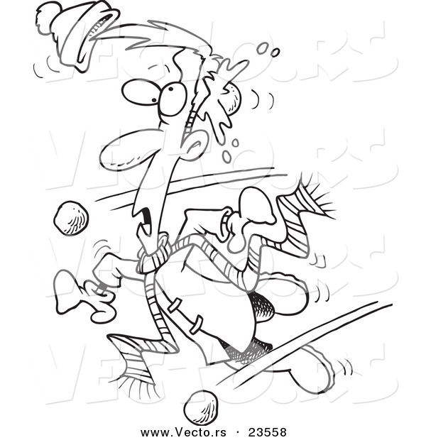 Vector of a Cartoon Man Being Hit with Snowballs - Coloring Page Outline