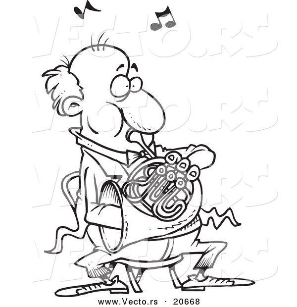 Vector of a Cartoon Man Blowing into a French Horn - Coloring Page Outline