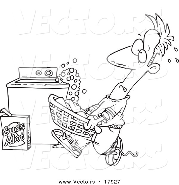Vector of a Cartoon Man Carrying a Basket of Laundry by an Overflowing Washing Machine - Outlined Coloring Page