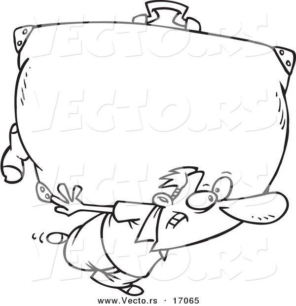 Vector of a Cartoon Man Carrying a Big Suitcase - Coloring Page Outline