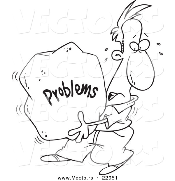 Vector of a Cartoon Man Carrying a Heavy Problem Rock - Coloring Page Outline