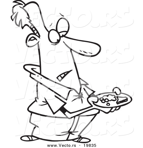 Vector of a Cartoon Man Carrying a Meager Dinner Plate - Outlined Coloring Page