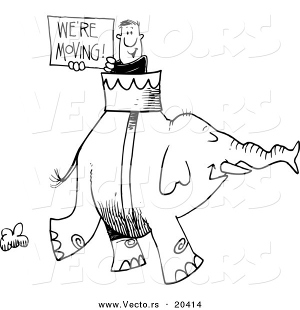 Vector of a Cartoon Man Carrying a We're Moving Sign on an Elephant - Coloring Page Outline