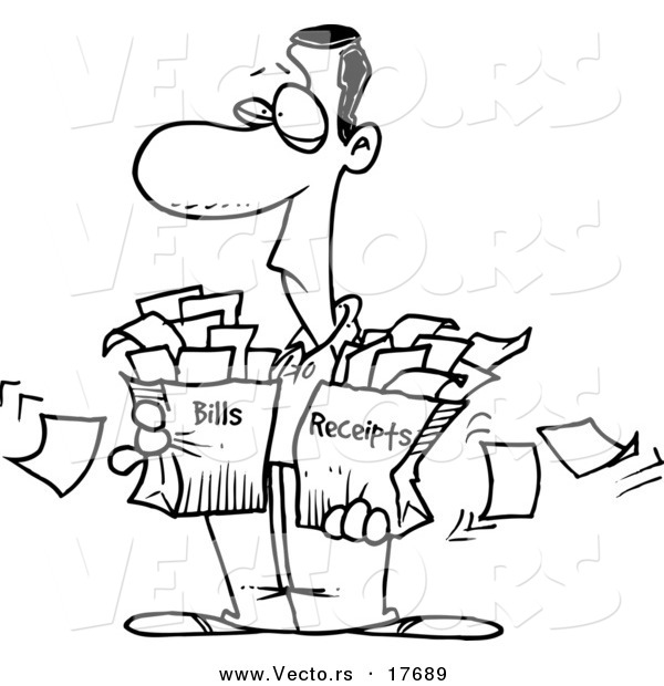 Vector of a Cartoon Man Carrying Bags of Bills and Receipts - Coloring Page Outline