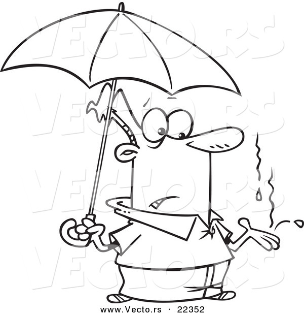 Vector of a Cartoon Man Catching Raindrops in His Hand - Coloring Page Outline