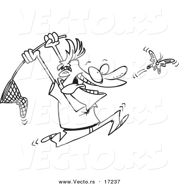 Vector of a Cartoon Man Chasing a Butterfly with a Net - Coloring Page Outline
