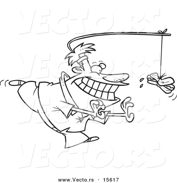 Vector of a Cartoon Man Chasing a Hot Dog As Incentive - Coloring Page Outline