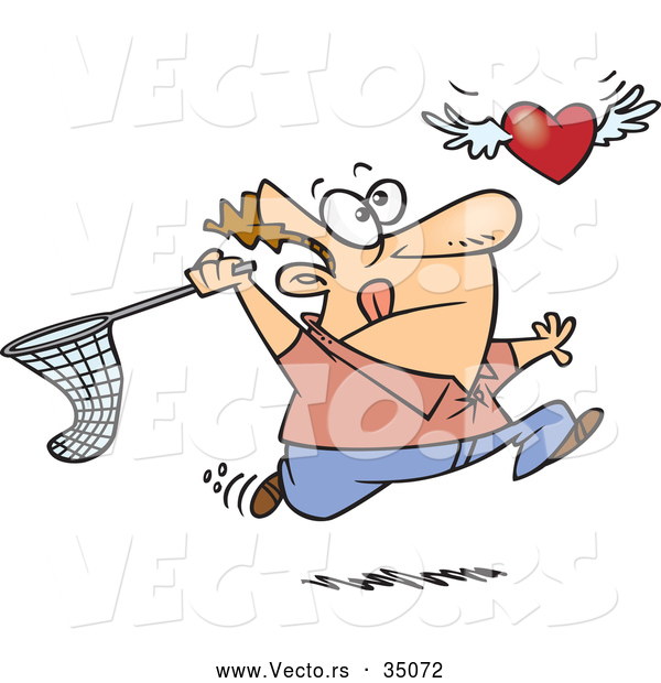 Vector of a Cartoon Man Chasing an Elusive Flying Love Heart with a Net