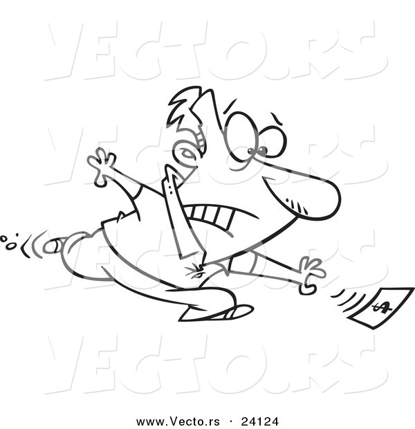 Vector of a Cartoon Man Chasing His Last Dollar - Coloring Page Outline