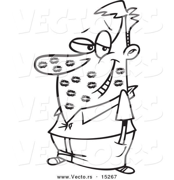 Vector of a Cartoon Man Covered in Lipstick Kisses - Coloring Page Outline