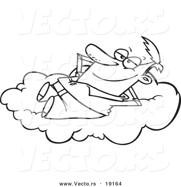 Vector of a Cartoon Man Daydreaming on a Cloud - Outlined Coloring Page