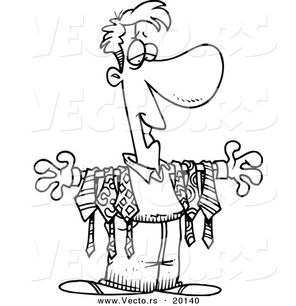 Vector of a Cartoon Man Displaying Ties on His Arms - Outlined Coloring Page