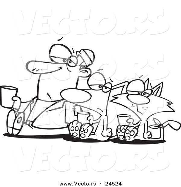 Vector of a Cartoon Man Dog and Cat Begging for Money - Outlined Coloring Page