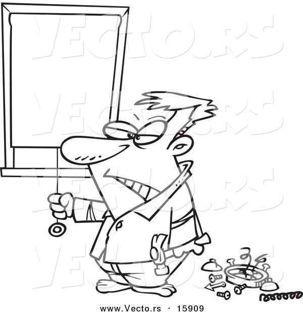 Vector of a Cartoon Man Drawing His Shades After Being Woken up by His Alarm Clock - Outlined Coloring Page Drawing