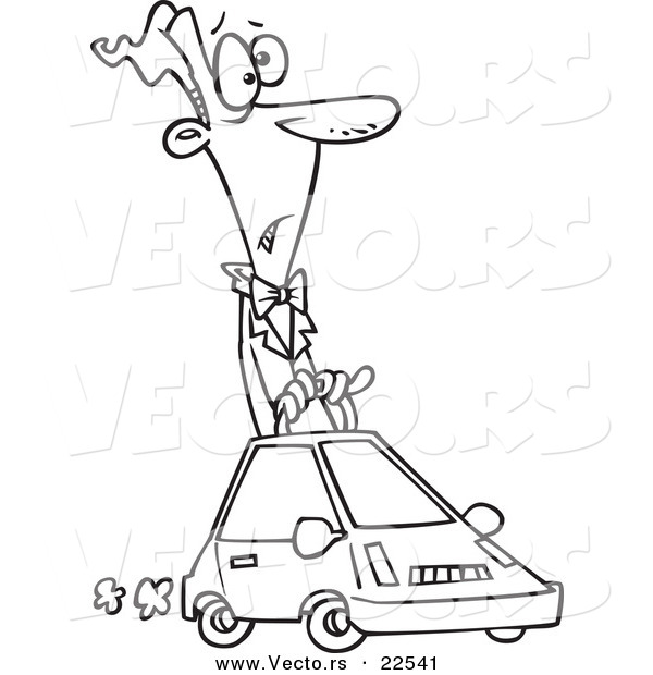 Vector of a Cartoon Man Driving a Compact Car - Coloring Page Outline