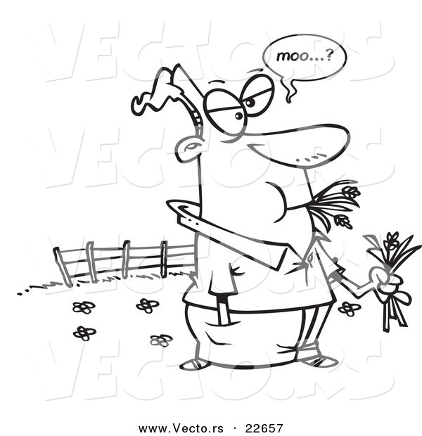 Vector of a Cartoon Man Eating Hay and Mooing in a Pasture - Coloring Page Outline