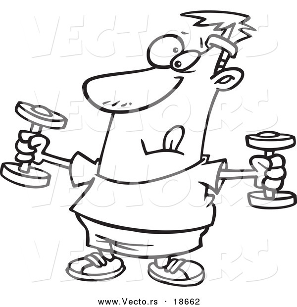 Vector of a Cartoon Man Exercising with Dumbbells - Outlined Coloring Page