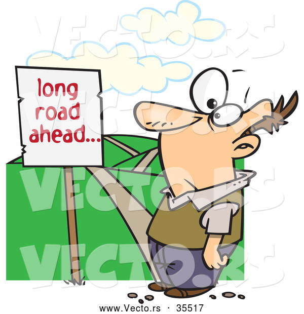 Vector of a Cartoon Man Facing a "Long Road Ahead" Sign
