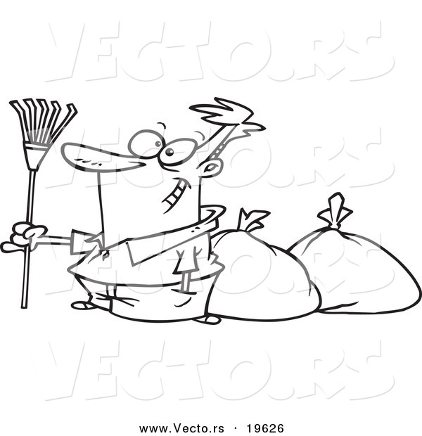 Vector of a Cartoon Man Finished Raking Leaves - Outlined Coloring Page