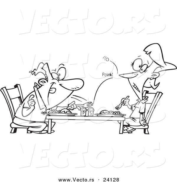 Vector of a Cartoon Man Flicking a Pea at His Wife over Dinner - Coloring Page Outline