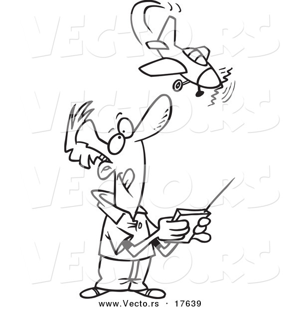 Vector of a Cartoon Man Flying a Remote Control Plane - Coloring Page Outline