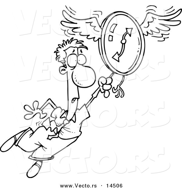 Vector of a Cartoon Man Flying Away with a Clock - Coloring Page Outline