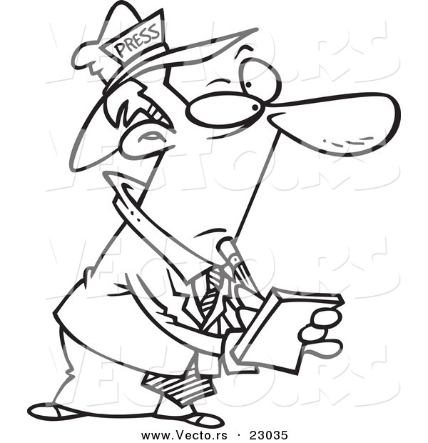 Vector of a Cartoon Man from the Press Writing down Notes - Coloring Page Outline