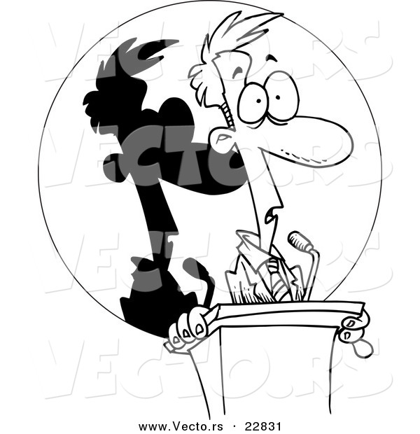 Vector of a Cartoon Man Frozen in the Spotlight at a Podium - Coloring Page Outline